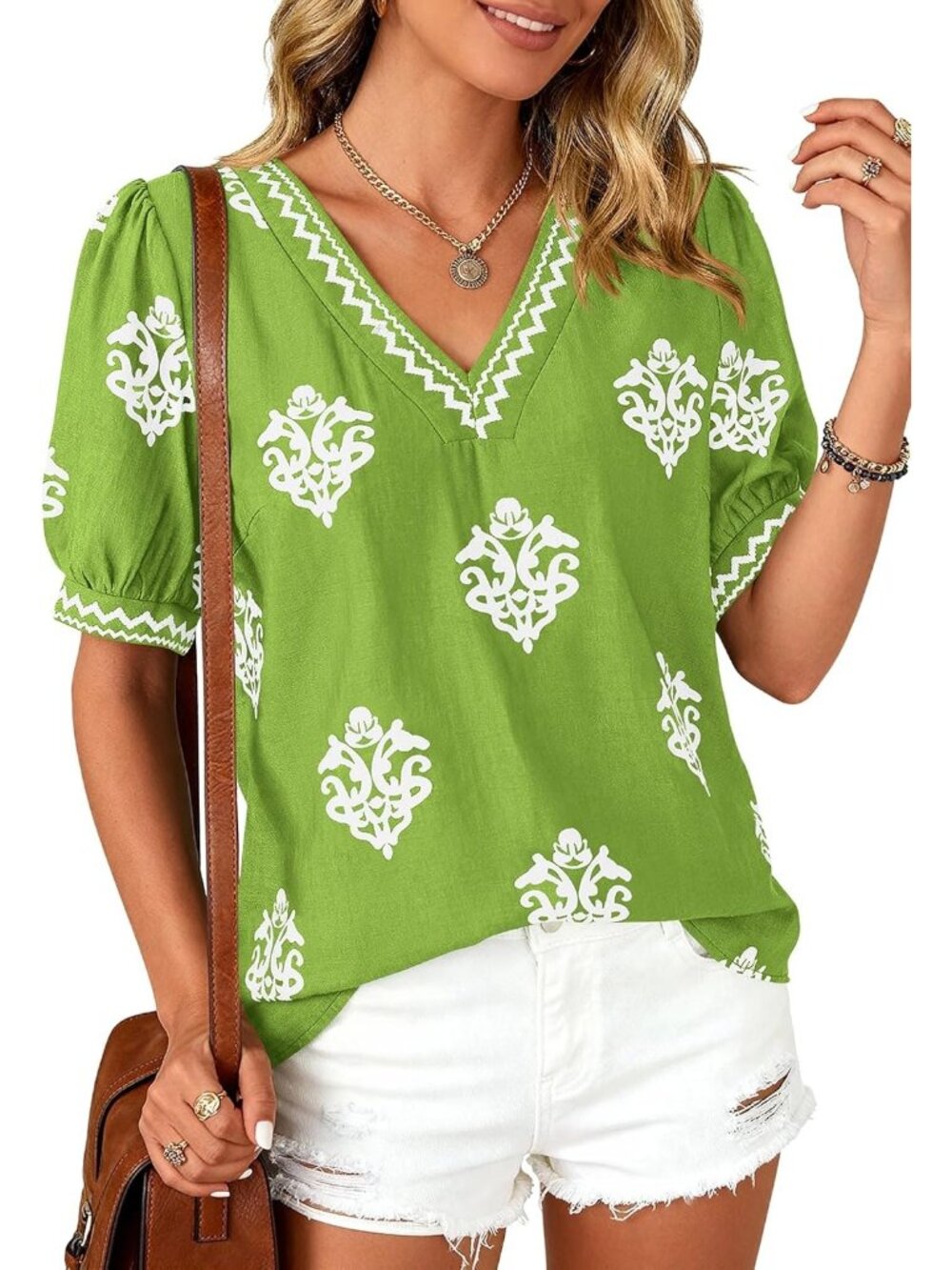 Women's Green White Flower Short Sleeves V Neck Boho Blouses Beach T Shirts